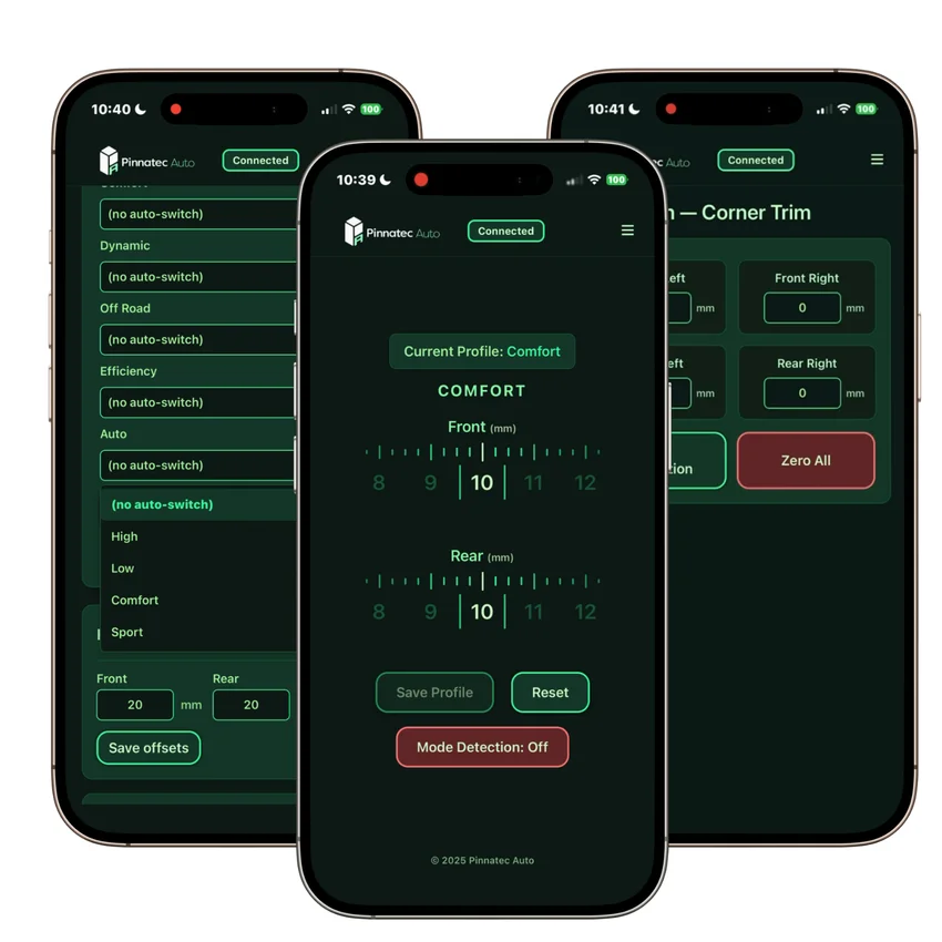 Virtual Link app showing saved profiles and front and rear height controls